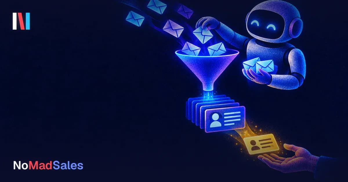 Przyjazny robot wrzuca świecące koperty do lejka sprzedażowego, z którego wychodzą karty CRM, a złota karta trafia do dłoni handlowca, logo NoMadSales.