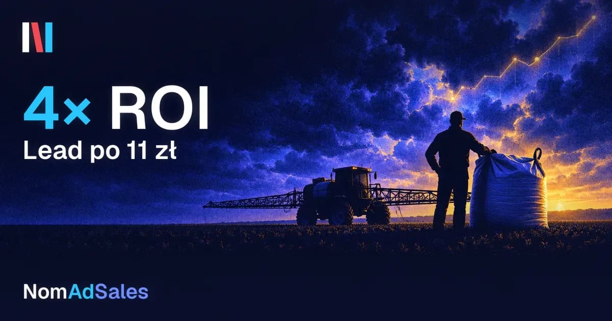 Sylwetka rolnika przy opryskiwaczu i big bagu pod burzowym niebem o zachodzie, z lewej duży napis „4× ROI” i „Lead po 11 zł”, logo NomAdSales.