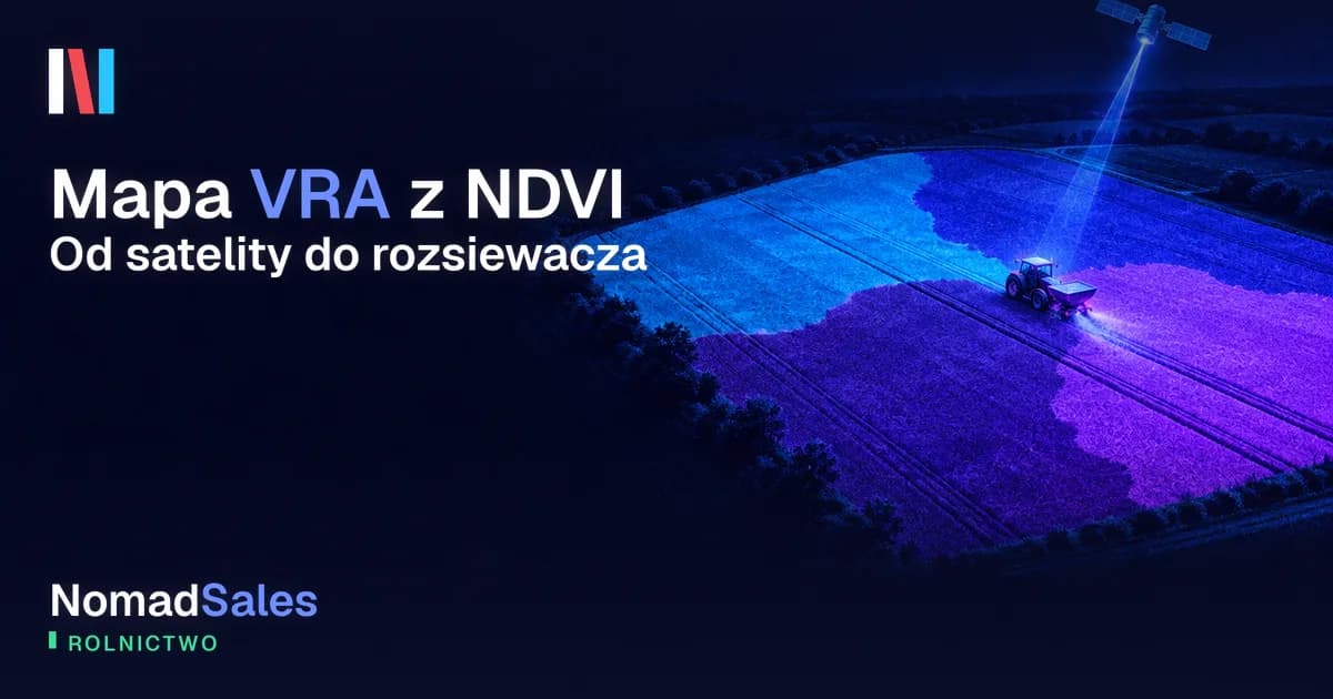 Granatowa grafika: pole z lotu ptaka podzielone na niebieskie i fioletowe strefy, nad nim satelita, ciągnik z rozsiewaczem. Napis „Mapa VRA z NDVI”, logo NomadSales i etykieta Rolnictwo.