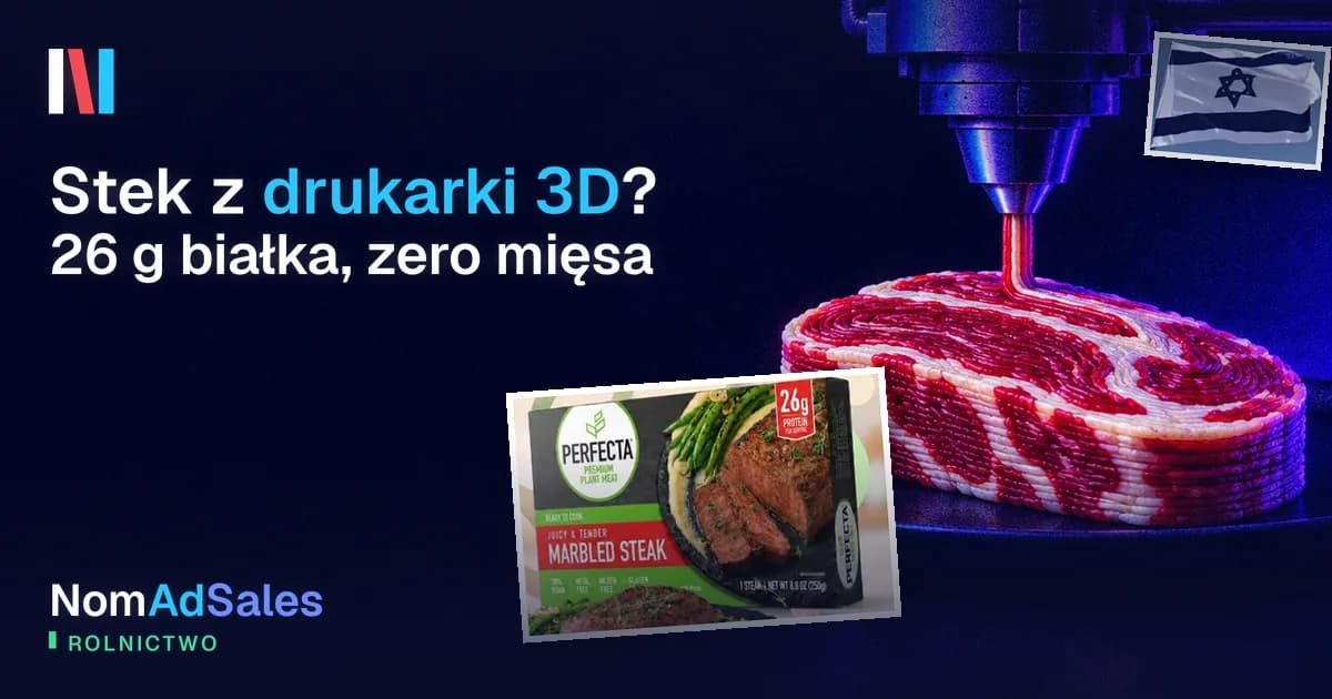 Granatowa grafika: drukarka 3D drukuje marmurkowy stek, obok zdjęcie opakowania Perfecta Marbled Steak i flaga Izraela. Napis „Stek z drukarki 3D?”, logo NomAdSales i etykieta Rolnictwo.