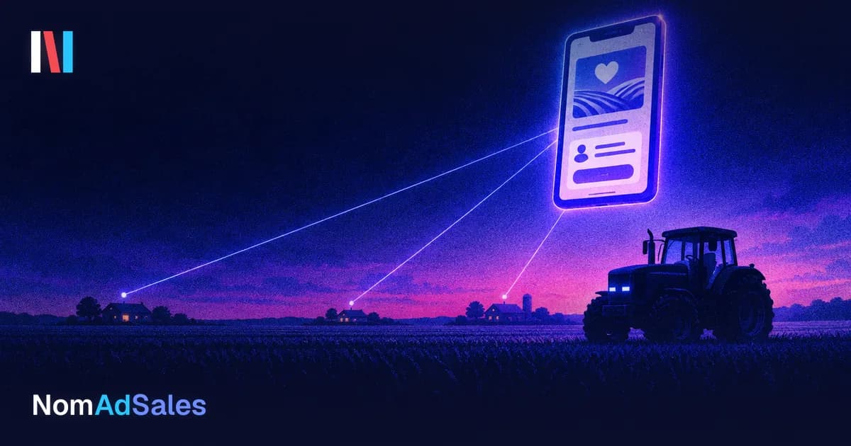 Sylwetka ciągnika na polu o zmierzchu i świecący nad nim smartfon z reklamą, od którego biegną linie do gospodarstw na horyzoncie, logo NomAdSales.