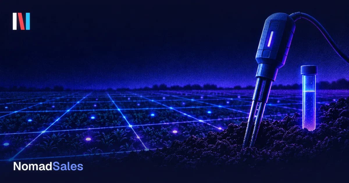 Ręczny czujnik glebowy wbity w ciemną ziemię obok świecącej probówki, w tle pole podzielone na niebieską siatkę punktów pomiarowych, logo NomadSales.